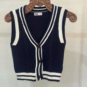 SO Women's V-Neck Sweater Vest in Navy and White